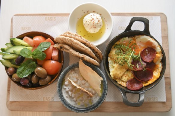 The big Lebanese breakfast with scrambled eggs, sausage, halloumi and more.