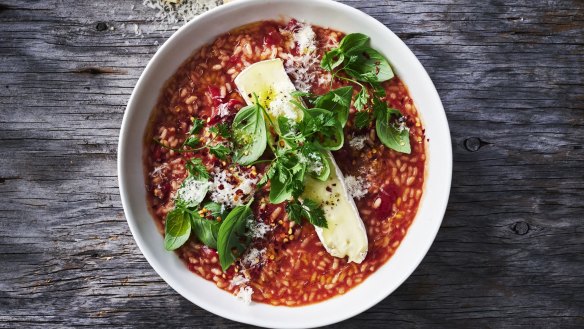 Oven-baked tomato risotto with runny brie.