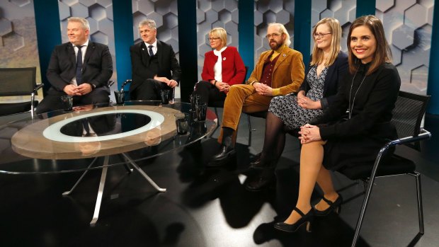 Politicians of the leading parties sit in a TV studio in Reykjavik, Iceland.