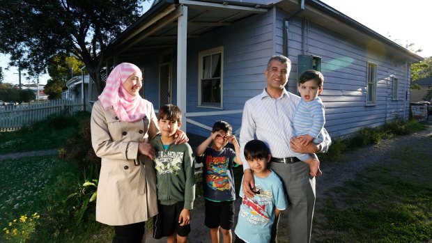 Palestinian Syrian family Mousa Al Ahmad, 46, wife Maisaa, 31, Ahmad, 10, Mohammed, 8, Ibrahem, 6 and Yousaf, one-year-old. They live in Corrimal in Wollongong. They are the only Palestinian Syrian family to get refugee status in Australia since war broke out in Syria.