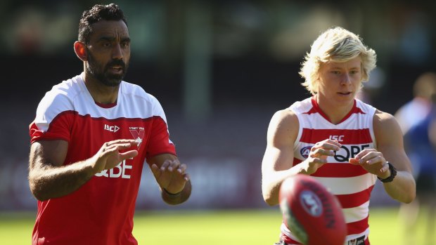Adam Goodes, at training this week, is back in the Sydney side, while Isaac Hayes (right) is out with an ankle injury.