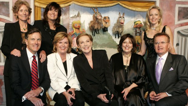 Heather Menzies (white jacket) with other Sound of Music cast members in 2005. Clockwise from top left are Charmian Carr (Liesl), Debbie Turner (Marta), Kym Karath (Gretl), Duane Chase (Kurt), Angela Cartwright (Brigitta), Julie Andrews (Maria von Trapp), Menzies and Nicholas Hammond (Freidrich).