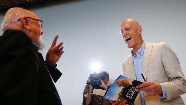 Peter Garrett with Thomas Keneally at the launch of his autobiography, <em>Big Blue Sky</em>, at the MCA in Sydney.
