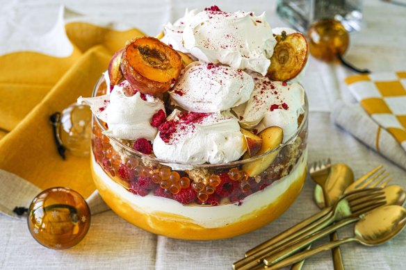 Popping pearls add intrigue to this peachy trifle.