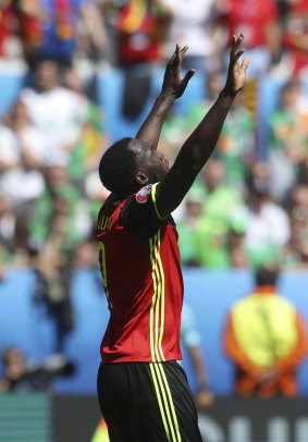 Belgium's Romelu Lukaku celebrates after scoring his side's third goal against Ireland at the Nouveau Stade in Bordeaux on Saturday.