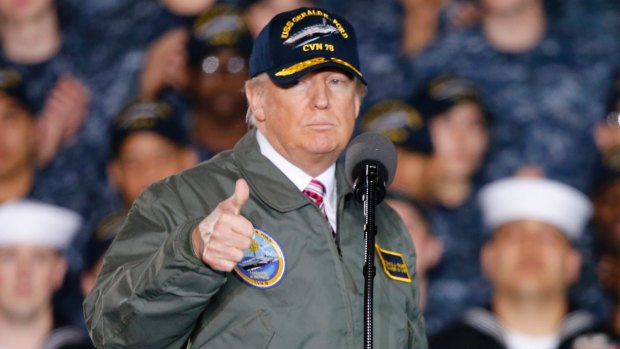 President Donald Trump during a visit to a naval shipbuilding facility in Virginia on Thursday. 