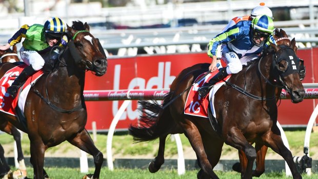 Red-letter day: Dwayne Dunn riding He's Our Rokki wins the Toorak Handicap.
