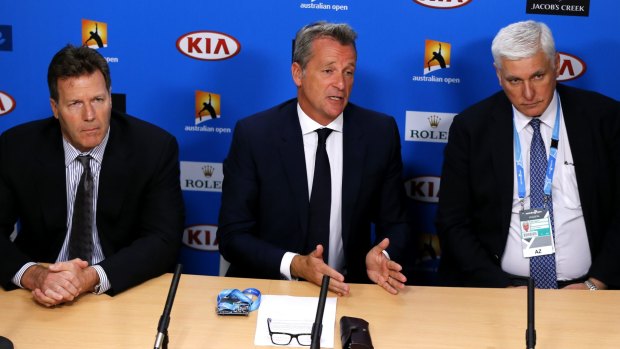 ATP chairman Chris Kermode (centre) speaks to the media, with Nigel Willerton, head of the Tennis Integrity Unit (right) and ATP Vice Chairman Mark Young (left).