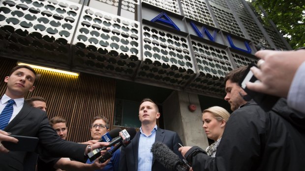 ACTU secretary Sally McManus and and the AWU's Daniel Walton speak to the media after AFP raided the Spencer Street offices of the AWU. 
