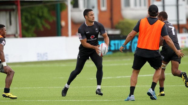 New boy: Jarryd Hayne training with the Fijian sevens teams in London. 