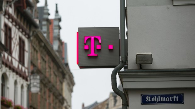 A logo for T-Mobile, operated by Deutsche Telekom AG, in Braunschweig, Germany.