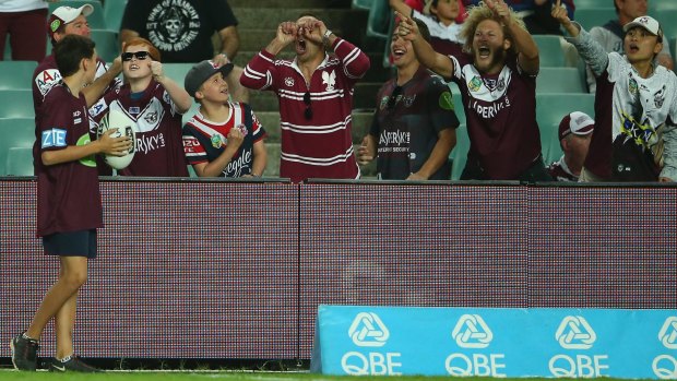 Laying it on thick: Sea Eagles supporters shout at Jackson Hastings after he missed a converstion attempt.