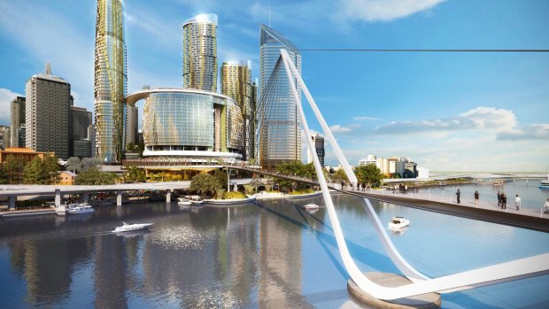 An artist's impression of Echo Entertainment's proposal for Queen's Wharf casino, including the pedestrian bridge.
