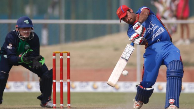 Afghanistan's captain Asghar Stanikzai hits a six during a one day international against Ireland last week.