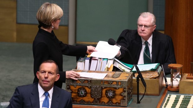 Julie Bishop pictured on June 4 tabling a letter in the lower house after adding to an answer on Man Haron Monis writing to Attorney-General George Brandis.