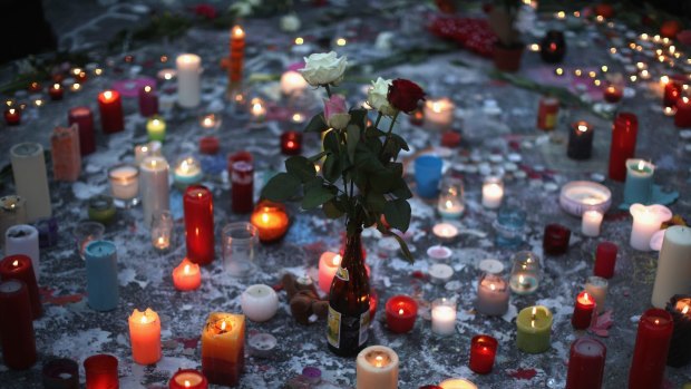 Flowers and candles in mourning for the dead at the Place de la Bourse in Brussels in March. 