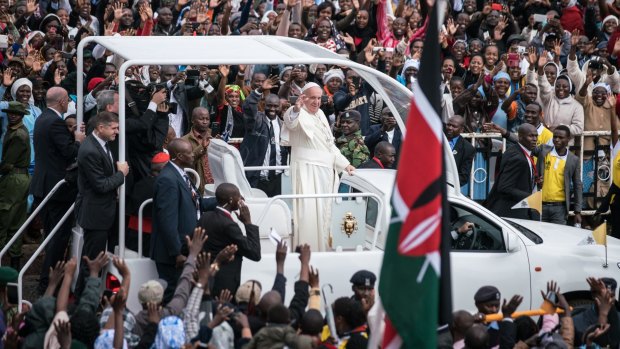 Pope Francis arrives at the University of Nairobi for a public Mass in downtown Nairobi, Kenya. 