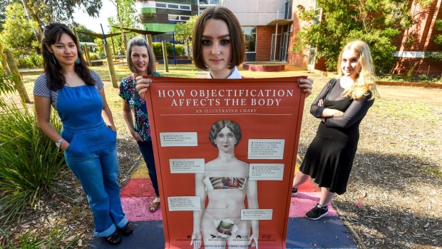 Fitzroy High School has a new feminism elective created by teacher Briony O'Keefe, pictured with students Edie Johnston, Nia Stanford and Stella Bridie.