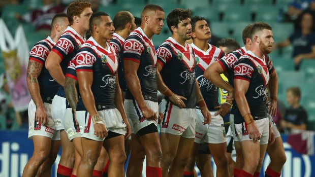 Another loss: The Roosters looks dejected at Allianz Stadium on Saturday night.