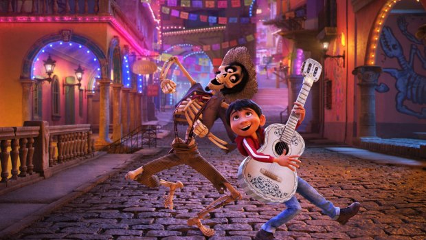 Hector, voiced by Gael Garcia Bernal, left, and Miguel, voiced by Anthony Gonzalez, in a scene from Disney-Pixar 's Coco.