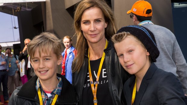 Rachel Griffiths with son Banjo (right) and his friend at the Australian Grand Prix.