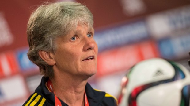 Sweden's head coach Pia Sundhage during the team's press conference in Edmonton on Monday.