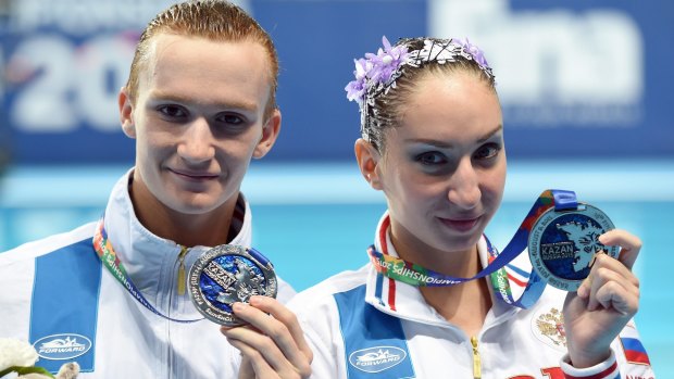 Not happy: Silver medallists Aleksandr Maltsev and Darina Valitova of Russia.