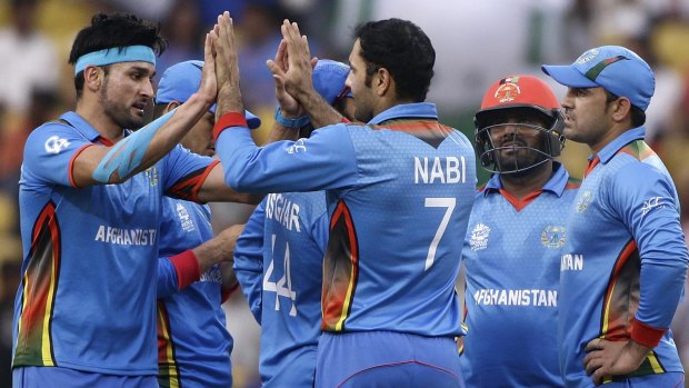 Big upset: Afghanistan's Mohammad Nabi celebrates with teammates the dismissal of Dwayne Bravo.