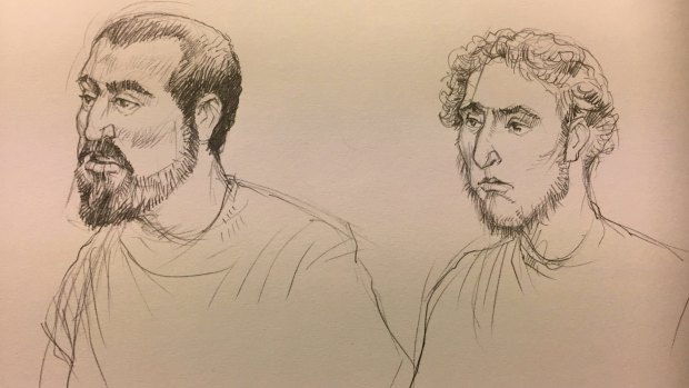 A artist's sketch of Hamza Abbas, on left, and Ahmed Mohamed  from an earlier appearance at the the Melbourne Magistrates Court.