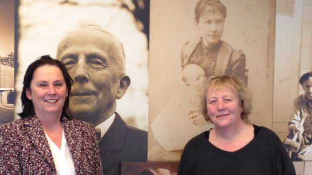Josien van Gogh (left) and Sylvia Cramer, great-grandnieces of Vincent van Gogh in the boardroom of the Vincent van Gogh Foundation at the Van Gogh Museum in Amsterdam. Behind them are images of Willem van Gogh and Jo Bonger.