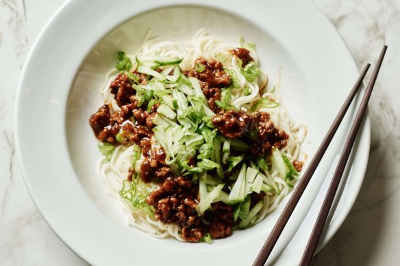Beijing-style noodles with minced pork and brown bean sauce.