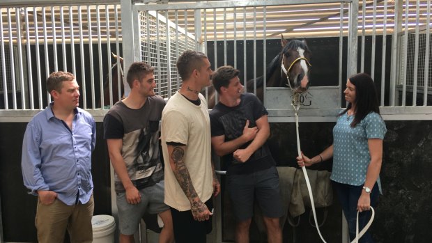 Dusty's Derby: Main Stage with co-trainers Natalie Young, right, and Trent Busuttin, far left, as well as co-owners Andrew McQualter, Dustin Martin and Anthony Miles.