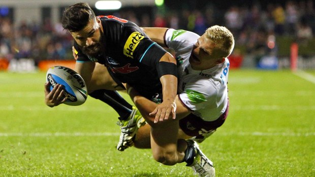 Josh Mansour of the Penrith Panthers scores a try in 2015. Several of the Panthers were star turns at the grand opening of the Masters hardware store at Penrith on January 16 but just 48 hours later it had been consigned to history along with the rest of Masters.
