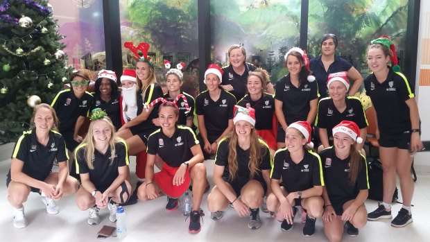The Canberra United squad handed out gifts at hospital on Wednesday.