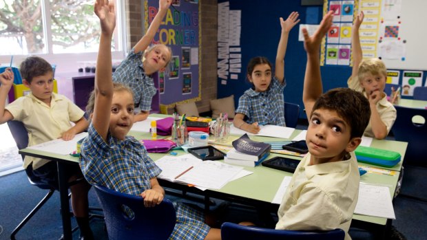 Year 3/4 students Maximo Upegui, 8 (right) and Nikita Powell, 9 from St Mary-St Joseph Catholic Primary School in Maroubra. 