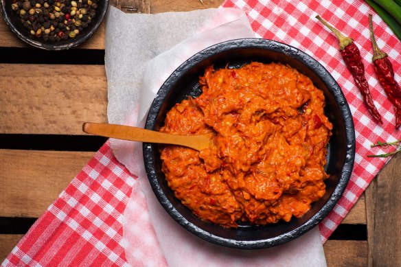 Ajvar, a condiment made from red capsicum, garlic, eggplant and chillies.
