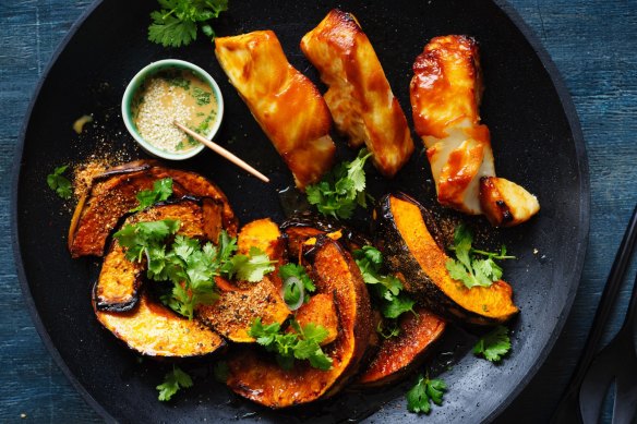 Miso glazed glacier toothfish with sesame dressing, and spiced pumpkin.