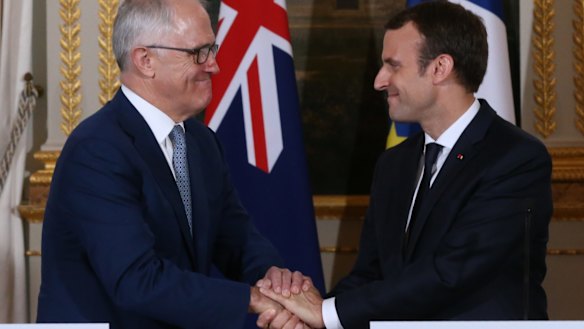 Malcolm Turnbull with French President Emmanuel Macron at the Elysee Palace in Paris on Saturday.