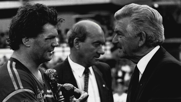 Spiritual home: Manly captain Paul Vautin accepts the trophy from Prime Minister Bob Hawke when the rugby league grand final was last held at the SCG in 1987.