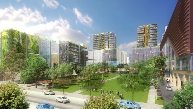 An artist's impression of the greater Parramatta proposed redevelopment, at Sydney Olympic Park central precinct. 