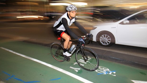 Simon Bolton was one of a group of cyclists who converged on the corner of College and Oxford Streets in Hyde Park to protest the state government's plans to rip up a cycleway on College Street.