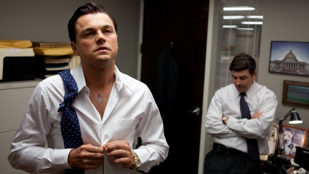 Leonardo DiCaprio and Kyle Chandler in <i>The Wolf of Wall Street</i>.