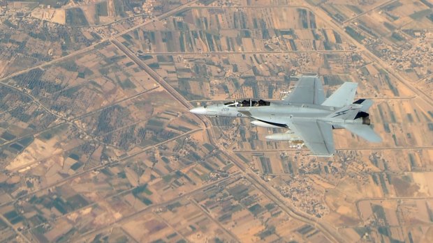 A Royal Australian Air Force F/A-18F Super Hornet in Iraq in 2014. 