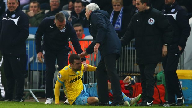 Nigel Pearson, manager of Leicester City and Alan Pardew, manager of Crystal Palace check on James McArthur.