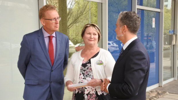 Canberra Liberals campaigning for a 'yes' vote in the same sex marriage survey: Mark Parton, Nicole Lawder and Jeremy Hanson.