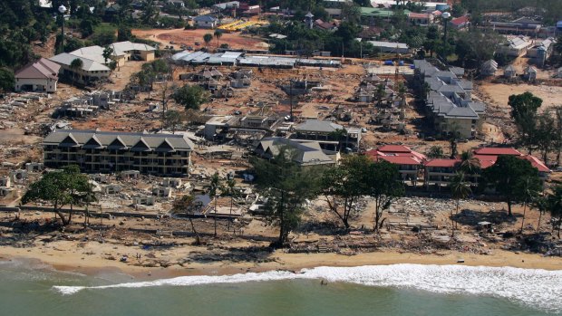 Devastation: An aerial view of the Thai resort town of Khao Lak a few days after the Boxing Day tsunami struck in December 2004. 