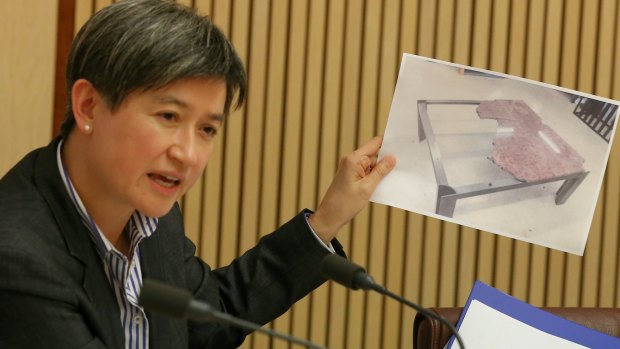 Senator Penny Wong holds up the photo of the damaged marble table during the Senate hearing on Monday.
