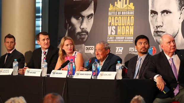 Upset parallels: Promoter Bob Arum, centre, says the Pacquiao-Horn fight could follow a similar path to Ricky Hatton's upset victory over Kostya Tszyu.