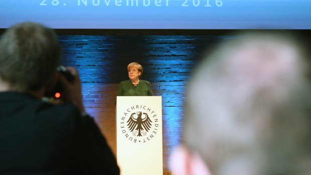 German Chancellor Angela Merkel attends the 60th anniversary of the BND, the German Federal Intelligence Service.