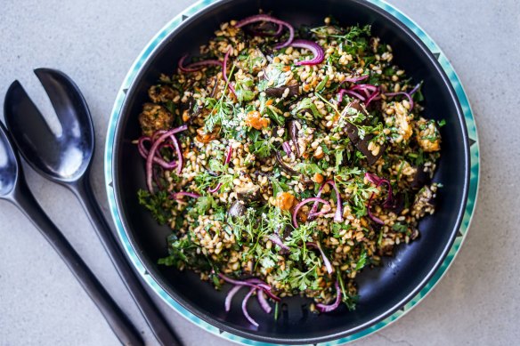 Eggplant, brown rice and quinoa salad with caramel dressing.